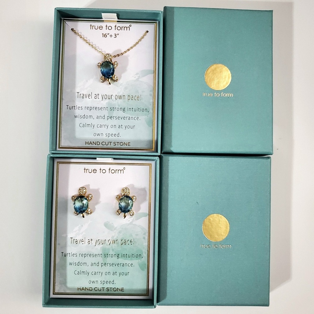 Crystal Turtle Jewelry SET Earrings Necklace Set Hand Cut Teal Stone NEW IN BOX